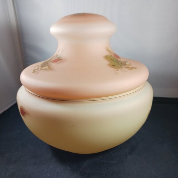 Vintage Biscuit Jar Satin Glass Hand Painted Roses Home Decor